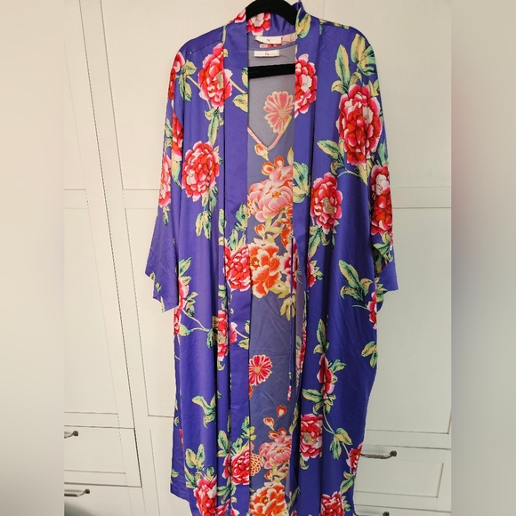 N by Natori Kiku Caftan & Robe Set Plus Size 3X Satin Floral Blue Multi Euc